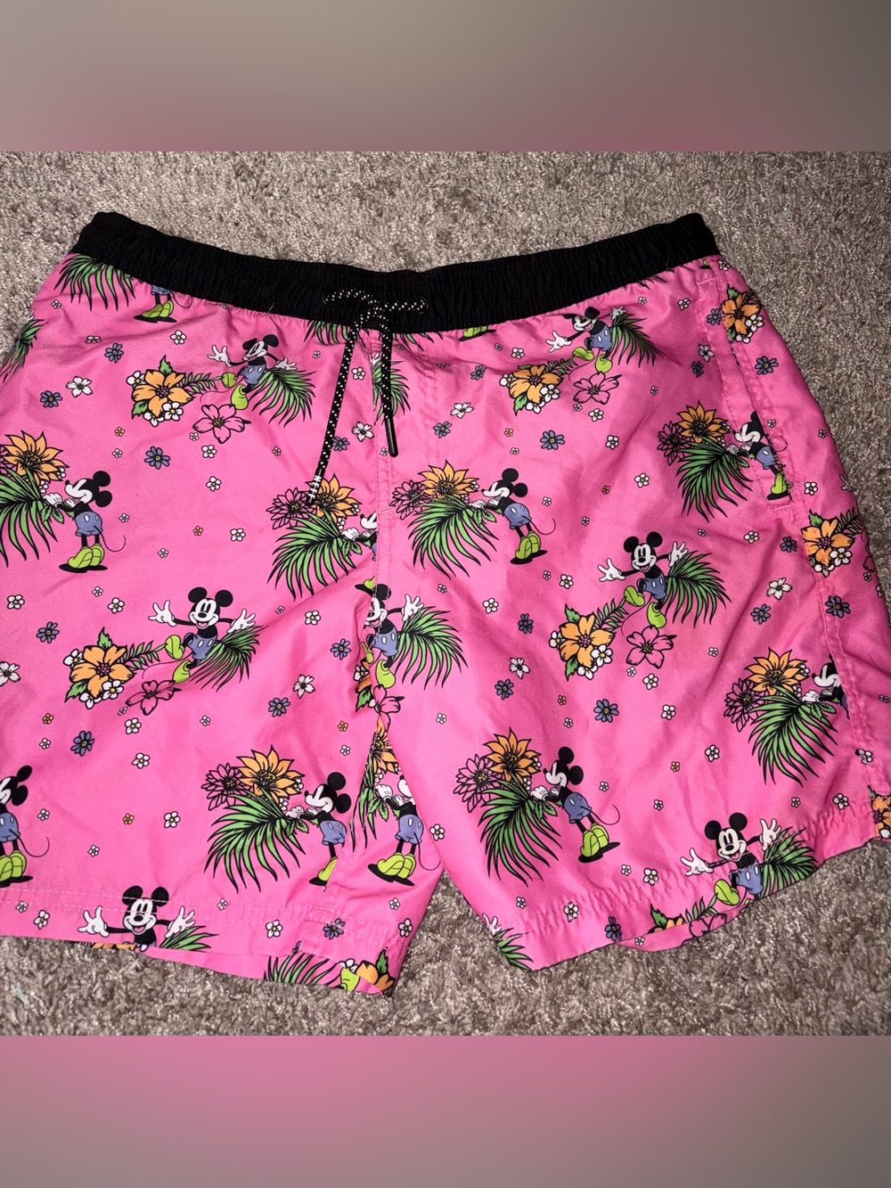 Pink Mickey Mouse Swim Shorts with Black Waistband